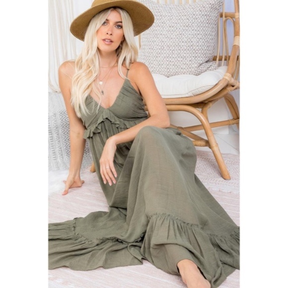 SOLD OUT Olive Bohemian Ruffle Long Full Length Sleeveless Casual Maxi Dress - Picture 2 of 4